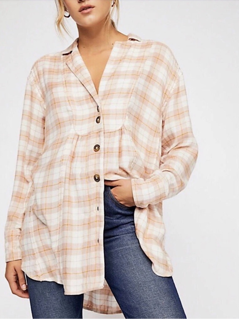 NWT Free People All About The Feels Plaid Button Down Top in Rose Combo Sz S
